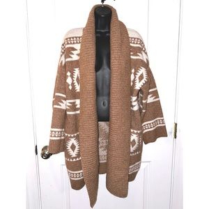 TAHARI brown & Ivory SOUTHWESTERN Open FRONT Long CARDIGAN Stretch SWEATER